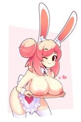 1girls :3 ;3 adorable animal_ears apron areolae big_breasts breast_rest breasts breasts_on_tray bunny_ears carried_breast_rest cute eyebrows_visible_through_hair female female_only fiz fizintine hair_bun heart large_breasts legwear looking_at_viewer nipples one_eye_closed original pink_hair presenting presenting_breasts rabbit_ears rabbit_tail simple_background solo thighhighs thighs tray white_legwear white_thighhighs wink