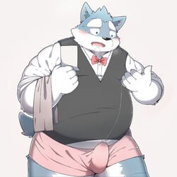 1boy 2017 belly blush bow_tie boxers_(clothing) bulge canine clothing dress_shirt erection erection_under_clothes furry looking_at_hand looking_at_self male male_only mammal open_mouth overweight overweight_male park_(artist) pink_underwear precum precum_string shirt simple_background solo solo_male standing sweater_vest tenting underwear waiter