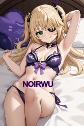 ai_generated areolae bikini blonde_hair eyepatch female fischl_(genshin_impact) genshin_impact green_eyes hair_ornament happy highres long_hair lying_on_bed medium_breasts nipples noirwu ornament purple_bikini smile twintails