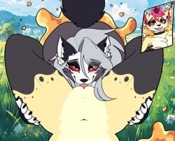 2girls anthro ass ass_up bedroom_eyes big_butt blush blush_lines canid canid_demon canine cheek_tuft claws cunnilingus demon detailed detailed_background digital_drawing_(artwork) digital_media_(artwork) digital_painting_(artwork) duo ear_piercing ear_ring ears_up eyelashes eyeshadow facial_tuft female female/female first_person_view flat_colors flower fluffy fluffy_tail food fur fur_markings furry genitals grass hair hands_on_hips hellhound helluva_boss hi_res honey_(food) inner_ear_fluff james_andromeda licking licking_pussy long_hair looking_at_viewer loona_(helluva_boss) makeup mammal markings mythological_canine mythological_creature mythology narrowed_eyes nature nature_background navel nude oral painting painting_(artwork) piercing plant pussy queen_bee-lzebub_(helluva_boss) ring_piercing seductive sex tail thick_thighs tongue tongue_out tuft vaginal_penetration wolf wolf_girl