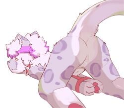 accessory anthro ass_up bin_tuc biped bondage bondage bound collar felid fur headband hi_res male mammal orange_eyes pantherine purple_body purple_fur slim_anthro slim_male slim_sub snow_leopard solo spiked_collar spikes submissive submissive_anthro submissive_male