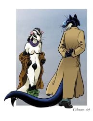 2009 anthro black_body black_fur black_nose black_pubes black_tail bottomwear bottomwear_down breasts cheek_tuft claws clothed clothed/nude clothed_male clothing coat countershade_arms countershade_legs countershade_neck countershade_torso countershading dominant dominant_male duo ears_down evil_grin exposed exposed_breasts exposing eyewear facial_tuft female fur genitals glasses gradient_background grin gulonine hairy_pussy hands_behind_back humiliation imminent_sex jack_salem long_tail looking_at_another looking_away looking_down male male/female mammal marten multicolored_body multicolored_fur mustelid musteline nipples nude nude_female offering_self pants pants_down partially_clothed pince-nez pivoted_ears presenting pubes pussy questionable_consent rape_face roz_gibson sable_(marten) scarf sharp_teeth signature simple_background smile smiling_at_another species_request standing submissive submissive_female tail teeth topwear trenchcoat tuft two_tone_body two_tone_fur undressing undressing_self whiskers white_body white_fur wide_hips