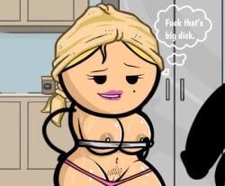 accurate_art_style beauty_mark belly_button black_dick black_eyes black_limbs blonde_hair blue_wall boobs breasts cabinet curvy cyanide_and_happiness edited edited_official_artwork eyelashes female hair_strand hand_on_hip japansadface lip_biting looking_at_penis penis pink_lipstick pink_panties pulling_shirt pussy_hair shower_room tan_areola text thick_thighs thought_bubble towel_on_head wet_body white_woman