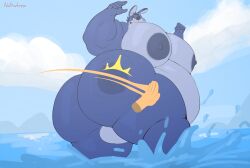 absurd_res anthro ass big_breasts big_butt big_nipples blue_body breasts dark_nipples hi_res huge_breasts huge_butt huge_nipples hyper lagomorph leporid male male/male mammal nathanlepoyo nipples overweight rabbit shocked smacking_ass solo splashing_water water
