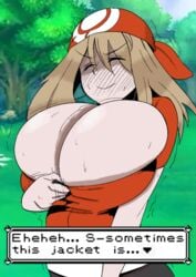 1girls 47k breasts clothed female_only game_freak hud huge_breasts human human_only jacket may_(pokemon) may_(pokemon_rs) nintendo no_nipples pokemon pokemon_rse text tight_clothing trembling wet