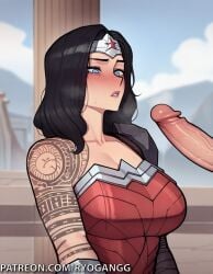 1female 1girls 2d 2d_(artwork) ai_generated armored_female big_cock black_hair blue_eyes dc dc_comics dcau diana_prince female large_breasts muscular muscular_female patreon patreon_username ryogangg shocked shocked_expression shocked_eyes tattoo tattoo_on_arm tattooed_arm wonder_woman wonder_woman_(series)