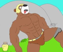 10s 1boy 2015 bara bear bladvic_(legends_of_chima) bulge flat_colors gorrizz helmet honey_(food) legends_of_chima lego loincloth male male_only muscular sleeping solo tongue_out