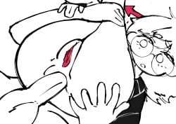 1boy 1girls aira_(offscript) anal anal_sex arrow arrow_(symbol) black_and_white black_sweater erect_penis faceless_character faceless_male female female_focus female_penetrated glasses grabbing grabbing_arm grabbing_ass half-dressed hand_on_arm hand_on_ass hand_on_butt holding holding_legs large_balls large_penis looking_down looking_down_at_genitalia looking_down_at_penis male monochrome no_background no_panties no_underwear offscript penis pussy self_upload sex shocked shocked_expression simple_background simple_coloring supporting_body_with_arms sweater white_background white_body white_hair white_skin