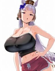 1girls ai_generated animal_ears anthropomorphization breasts female gold_ship gold_ship_(umamusume) hand_on_hip huge_breasts legs long_hair shorts solo tagme tank_top umamusume umamusume_pretty_derby young