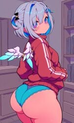 ai_generated amane_kanata blue_panties blush gym_uniform holoforce hololive hololive_japan huge_ass looking_back medium_breasts purple_eyes short_hair thighs virtual_youtuber wedgie white_hair wings