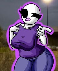 bald_female big_breasts biting black_eyes breasts candy candy_wrapper chetoh chubby chubby_female claire_(chetoh) clothed clothed_female egg female female_focus female_only jeans looking_at_viewer oc original original_character outside pants photo_background pointing pointing_at_self pointing_at_viewer purple_shirt shirt thighs white_body wink winking_at_viewer