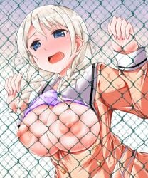 1girls against_fence bang_dream! bang_dream!_girls_band_party! bangs blue_eyes blue_hair_ribbon blush bra_up braids breasts breasts_against_fence breasts_out chain-link_fence cuffs_(clothing) drooling female fence hair_ribbon hands_on_fence nails_painted nipples oden70 open_mouth purple_bra red_nails saliva saliva_string serafuku solo sweat sweaty_breasts tan_clothing teeth_showing wakamiya_eve white_hair