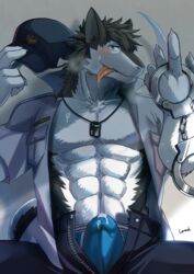 1boy 2015 abs anthro black_fur blue_eyes blue_underwear blush boxer_briefs briefs bulge chang52084 chest_tuft claws clothed clothing cum cum_in_underwear cum_through_clothing cum_through_underwear discordnight dog_tags erection erection_under_clothes fur guangyan_(artist) handcuffs hat hi_res holding_hat looking_at_viewer male male_only mammal muscular open_pants open_shirt pants pecs precum sergal shackles shirt solo sweat tent_through_fly tenting tongue tongue_out tuft underwear white_fur