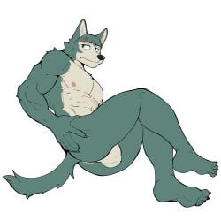 abs anthro anus ass backsack balls beastars black_nose butt_grab canid canine canis claws embarrassed facial_scar feet finger_claws genitals hand_on_butt hi_res jrjresq legoshi_(beastars) looking_aside male mammal muscular muscular_anthro muscular_male nipples nude nude_anthro nude_male pecs pointy_ears presenting presenting_anus scar simple_background solo tail toe_claws wolf