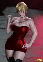 3d bare_shoulders big_breasts blonde_hair bloody_roar blue_eyes blush boots breasts british british_female bursting_breasts busty choker dress earrings eyeshadow female female_focus female_only hagiwara_studio hourglass_figure jenny_burtory jenny_the_bat konami large_breasts makeup mascara nail_polish short_hair tagme thigh_boots wide_hips