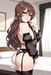 1boy 1femboy 2025 ai_generated alternate_version_available ass bed bed_sheet bedroom big_ass black_lingerie black_panties black_underwear blush brown_hair crossdressing day daytime femboy feminine_male girly green_eyes indoors kono_subarashii_sekai_ni_shukufuku_wo! lingerie looking_at_viewer male nelethos nipples panties satou_kazuma solo sweat sweatdrop trap underwear