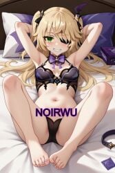 ai_generated areolae arms_behind_back arms_up blonde_hair eyepatch feet feet_focus female fischl_(genshin_impact) genshin_impact green_eyes hair_ornament highres lingerie long_hair lying_on_bed medium_breasts noirwu ornament twintails wrapped_condom