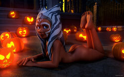 1girls 2015 3d ahsoka_tano alien alien_girl alternate_version_available artist_name bare_shoulders barefoot big_breasts blue_eyes busty butt_crack curvy dat_ass eyelashes feet female female_only front_view halloween halloween_pumpkin hourglass_figure humanoid jedi jedi_padawan kondaspeter leg_lift leg_up looking_at_viewer lying mammal marking naked nude orange_skin outdoor outside pose posing shadow shiny shiny_skin solo star_wars star_wars_rebels togruta voluptuous wide_hips