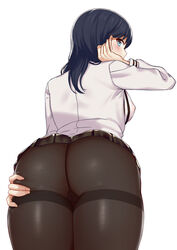 adjusting_hair arm_up ass bangs black_hair black_legwear black_skirt blue_eyes blush breasts erect_nipples eyebrows_visible_through_hair female from_behind from_below gusset highres jacket long_hair long_sleeves looking_at_viewer looking_back looking_down medium_breasts microskirt nipples pantyhose pussy see-through shoutai_(7490773) simple_background skirt solo spread_ass ssss.gridman takarada_rikka thighband_pantyhose thighs upskirt white_background white_jacket