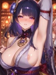 2girls ai_generated bare_shoulders big_breasts event female female_only genshin genshin_impact hand_up kimono looking_at_viewer neck purple_eyes purple_flower purple_hair raiden_shogun yae_miko