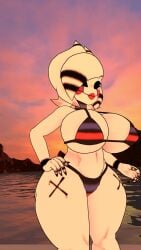 beach beach_background big_breasts big_thighs bikini bikini_only fap_nights_at_frenni's fat_ass fazclaire's_nightclub fredina's_nightclub hand_on_hip huge_breasts looking_to_the_side marie_(cally3d) marie_(cryptia) sunset thick voluptuous voluptuous_female vrchat vrchat_avatar white_body white_hair white_skin white_skinned_female
