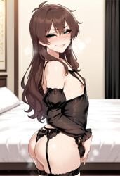 1boy 1femboy 2025 ai_generated alternate_version_available ass bed bed_sheet bedroom big_ass black_lingerie black_panties black_underwear blush brown_hair crossdressing day daytime femboy feminine_male girly green_eyes indoors kono_subarashii_sekai_ni_shukufuku_wo! lingerie looking_at_viewer male nelethos nipples panties satou_kazuma solo sweat sweatdrop trap underwear