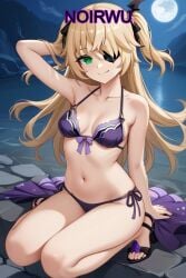 ai_generated areolae armpits arms_behind_back bikini blonde_hair eyepatch feet female fischl_(genshin_impact) genshin_impact green_eyes hair_ornament happy high_heels highres long_hair medium_breasts night noirwu ornament purple_bikini smile toes twintails