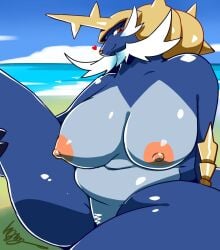 anthro areola beach big_breasts biped blue_body blush breasts closed_smile detailed_background female fur gearfactory generation_5_pokemon genitals hi_res huge_breasts looking_at_viewer mouth_closed multicolored_body navel nintendo nipples nude orange_areola orange_eyes orange_nipples pokemon pokemon_(species) pupils pussy samurott scribble_censorship slightly_chubby slightly_chubby_anthro slightly_chubby_female smile solo white_body white_fur yellow_body