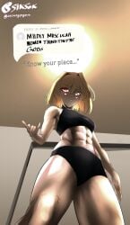 1girls abs arcueid_brunestud black_shorts blonde_hair cropped_shirt cropped_tank_top english_text female from_below fukou fukou_da_man know_your_place low_angle melty_blood mildly_muscular_woman muscular muscular_female red_eyes short_hair shorts toned toned_body toned_female tsukihime