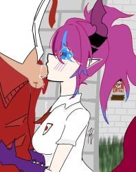 anonymous_male blush endless_(idol_corp) fellatio fully_clothed_female glasses hands_on_another's_knees idol-en idol_corp kai_saikota on_knees pants_down public_indecency purple_arms saliva_drip saliva_on_balls saliva_on_penis school_uniform
