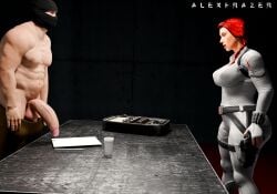 3d alexfrazer black_widow_(marvel) clothed imminent_oral imminent_sex marvel pale-skinned_male redhead_female scarlett_johansson showing_penis voluptuous_female