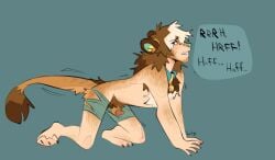 all_fours animal_genitalia anthro bell bell_collar bottomwear brown_body brown_fur brown_hair chest_tuft claws clenched_teeth clothing collar english_text felid feline feline_genitalia finger_claws fur fur_growth genitals growth hair hi_res human inner_ear_fluff kotacat4 lion looking_back male mammal mid_transformation orange_body orange_fur pantherine penile penis red_penis shaking sharp_teeth shorts solo species_transformation tail tail_tuft teeth text toe_claws torn_clothing transformation trembling tuft werecreature white_body white_fur white_hair