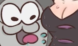 1boy 1girls amboomoon big_man_(splatoon) callie_(splatoon) cleavage clothing female inkling large_breasts licking male pale_skin splatoon splatoon_3 sweat tongue tongue_out wide_eyed