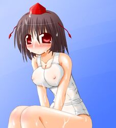 1girls arayama_reiichi black_hair blush breasts bukkake cum cum_on_hair erect_nipples facial female hat large_breasts one-piece_swimsuit red_eyes school_swimsuit see-through shameimaru_aya short_hair solo swimsuit touhou white_school_swimsuit