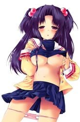 breasts clannad clothing hair_bobbles hair_ornament ichinose_kotomi large_breasts long_hair nipples panties panty_pull photoshop pink_panties pointy_chin purple_eyes school_uniform skirt straight_hair tied_hair twintails underboob underwear yuunagi_seshina