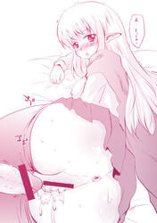 ass blush cape censored clothing cum cum_inside elf monochrome narusawa_kei no_panties penis pointy_ears pussy skirt stockings thighhighs tiffania_westwood translated upskirt yoshidama_sahiko zero_no_tsukaima