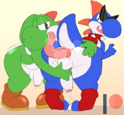 2019 anal anthro anus ass backsash balls blue_yoshi boshi claws clothing collar duo erection eyewear femboy footwear glasses green_yoshi humanoid_penis male male_only mammal mario_(series) nintendo open_mouth oral penis reptile rimming scalie sex simple_background smile sunglasses super_mario_rpg teeth tongue tongue_out uncut video_games yoshi