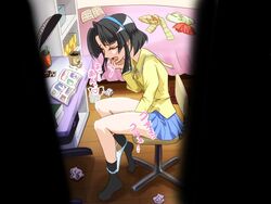 1girls ankle_socks anklehighs bed black_hair black_socks borubikku character_request closed_eyes clothed clothed_masturbation clothing color desk footwear hairband hand_between_legs masturbation messy_room pani_poni_dash! panties panty_pull school_uniform short_hair skirt socks solo underwear voyeurism watching