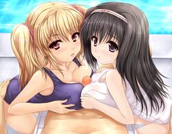 2girls :p ass ass_grab black_hair blonde_hair blush breast_press breast_rest breasts censored copyright_request double_paizuri female hair_ribbon hairband large_breasts long_hair male multiple_females multiple_paizuri one-piece_swimsuit outercourse paizuri paizuri_over_clothes penis pink_eyes pool pov purple_eyes red_eyes ribbon school_swimsuit smile straight swimsuit symmetrical_docking teamwork threesome tied_hair tongue twintails uni8 white_school_swimsuit