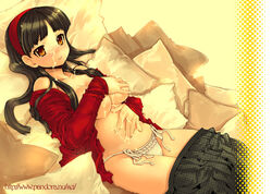 amagi_yukiko black_hair breast_hold breasts brown_eyes covering covering_breasts cum hairband long_hair lying morino_papiko on_back open_clothes open_shirt panties persona persona_4 shirt skirt skirt_pull underwear white_panties