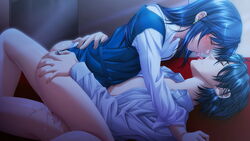 ass ass_grab beige_skin blue_hair blush bottomless chigira_yuuto closed_eyes clothes color cowgirl_position cum cum_on_body cum_on_lower_body cum_on_thighs female floor french_kiss game_cg human indoors kissing male oikawa_asaka open_clothes open_shirt otomegari riding saliva sex shirt side_view straddle straight sweat teeta_j torso_grab uncensored vaginal_penetration virgin