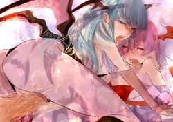 censored clothed_sex clothes clothing crotch_rub darkstalkers demon_girl female flat_chest grinding head_wings headwings kito_(coyo) kito_(pixiv5248) lilith_aensland long_hair male medium_breasts morrigan_aensland pantyhose penis pink_hair short_hair sisters succubus threesome torn_clothes torn_pantyhose