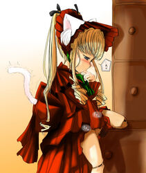 animal_ears artist_request blonde_hair blue_eyes blush cat_ears crotch_rub cute doll_joints dress long_hair masturbation no_panties rozen_maiden shinku solo sweat tail tied_hair twintails