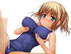 blush breast_grab breasts copyright_request crotch_grab erect_nipples female green_eyes large_breasts male nipples one-piece_swimsuit paizuri paizuri_over_clothes paizuri_under_clothes penis school_swimsuit straight swimsuit tan tanline uni8