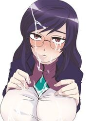 blush breasts cum cum_on_body cum_on_breasts cum_on_hair cum_on_upper_body facial glasses gundam gundam_00 huge_breasts purple_hair red_eyes rule_63 short_hair tieria_erde uniform yasushi