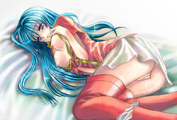 blue_eyes blue_hair blush breasts clothing eirika_(fire_emblem) female female_only fire_emblem fire_emblem:_the_sacred_stones holy_pledge human long_hair lowres lying masturbation no_bra on_side open_clothes open_shirt panties panties_around_one_leg pussy_juice red_legwear shirt skirt solo thighhighs underwear white_panties white_skirt