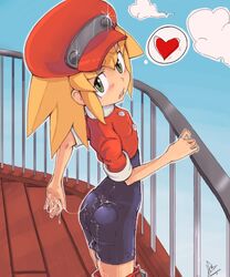 ass bike_shorts blonde_hair blush cum cum_on_ass cum_on_body cum_on_clothes cum_on_lower_body flat_chest green_eyes hat heart levo looking_back md5_mismatch mega_man mega_man_legends open_mouth roll_caskett short_hair spandex