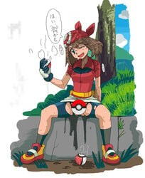 1girls bag bandana belt bike_shorts blue_eyes breasts censored crotch_cutout exposed exposed_pussy eyelashes female female_only gloves grass hat holding human human_only may_(pokemon) medium_breasts nintendo no_panties novelty_censor open_mouth outdoors poke_ball pokemon pokemon_rse public pussy_juice red_bandana rock ryunryun shoes simple_background sitting skirt skirt_lift smile socks solo spread_legs sweat tears text tongue torn_clothes translated wet white_background wink