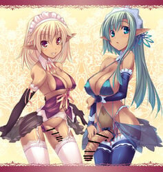 2futas bikini blonde_hair blue_eyes bow breasts censored dark_skin detached_sleeves elf erect_nipples futa_sans_balls futanari garter_belt garters green_hair half-erect intersex large_breasts large_penis long_hair maid maid_headdress multiple_girls navel orange_eyes original penis pointy_ears see-through semi-erect shimakaze soundz_of_bell strap_gap swimsuit thighhighs yellow_eyes