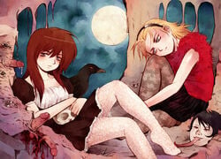 barefoot bird black_hair blonde_hair blue_eyes brown_hair cave copyright_request crow death dress error feet flower frown fur guro lace long_hair messiah messiah_cage moon multiple_girls mystic_cage night pantyhose penis red_eyes severed_head short_hair sitting skirt skull sky surreal tongue